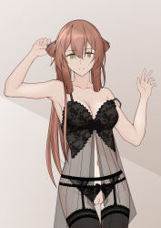 Rule 34 | 1girl, absurdres, arm up, babydoll, breasts, brown hair, cleavage, collarbone, commentary, cowboy shot, crotchless, crotchless panties, english commentary, garter belt, girls&#039; frontline, green eyes, hair between eyes, hair rings, hands up, highres, lingerie, long hair, looking at viewer, macayase, medium breasts, navel, panties, parted lips, pussy, sidelocks, smile, solo, springfield (girls&#039; frontline), strap slip, thigh gap, thighhighs, underwear, very long hair