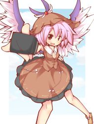 Rule 34 | 1girl, bow, breasts, cleavage, colorized, dress, fang, female focus, frilled dress, frills, hat, highres, katsudansou, kousa (black tea), microphone, mystia lorelei, outstretched arm, outstretched hand, shoes, short hair, small breasts, smile, solo, touhou, vest, wings