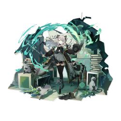 Rule 34 | 1girl, animal ears, arknights, bare shoulders, black choker, black footwear, black jacket, black ribbon, black thighhighs, blue eyes, book, book stack, cat, cat ears, choker, dress, elite ii (arknights), full body, hair ribbon, highres, holding, holding book, holding staff, infection monitor (arknights), jacket, long hair, long sleeves, looking at viewer, mint (arknights), mint (elite ii) (arknights), nuudoru, off shoulder, official art, open clothes, open jacket, originium arts (arknights), ribbon, short dress, silver hair, solo, staff, standing, thighhighs, transparent background, zettai ryouiki
