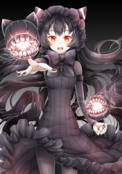 Rule 34 | 10s, 1girl, abyssal ship, baretto, baretto (firearms 1), black hair, black theme, bonnet, bow, cowboy shot, detached sleeves, dress, energy, escort fortress (kancolle), fingernails, floating hair, glowing, gothic lolita, gradient background, highres, isolated island oni, kantai collection, lolita fashion, long hair, long sleeves, looking at viewer, nail polish, open mouth, outstretched arm, personification, red eyes, simple background, solo, teeth, very long hair