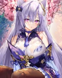 Rule 34 | 1girl, aimee (emi), bare shoulders, breasts, brown pantyhose, cherry blossoms, choker, cleavage, cone hair bun, detached sleeves, dress, genshin impact, grey hair, hair bun, hair ornament, keqing (genshin impact), large breasts, long hair, looking at viewer, pantyhose, parted lips, purple dress, purple eyes, resolution mismatch, see-through, solo, source larger, wet, wet clothes