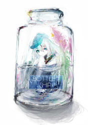 Rule 34 | 10s, 1girl, assi, blue eyes, bottle, caption, english text, hat, hibiki (kancolle), highres, in bottle, in container, in water, kantai collection, knees to chest, long hair, looking at viewer, pun, simple background, sitting, sketch, solo, too literal, white background, white hair