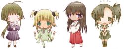 Rule 34 | 00s, 4girls, ahoge, arm behind back, asymmetrical bangs, black eyes, black hair, black socks, blonde hair, blouse, blunt bangs, blush, breasts, chibi, chibi only, chinese clothes, closed eyes, closed mouth, crossed arms, facing viewer, full body, green eyes, green hair, hair ornament, hair tie, hair tubes, hakama, hand up, hands together, happy, height difference, index finger raised, japanese clothes, kimono, kneehighs, kufei, leg up, lineup, long hair, long sleeves, looking at viewer, looking to the side, mahou sensei negima!, matching hair/eyes, multiple girls, nagase kaede, neckerchief, nervous, open mouth, pleated skirt, pointing, ponytail, purple eyes, purple shirt, red hakama, red neckerchief, ribbon, sailor collar, sakurazaki setsuna, school uniform, serafuku, shirt, shoes, short sleeves, short twintails, shy, side ponytail, side slit, simple background, skirt, smile, socks, standing, standing on one leg, tatsumiya mana, tongue, twintails, very long hair, white background, white kimono, white legwear, white neckerchief, wide sleeves