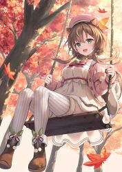 Rule 34 | 1girl, absurdres, animal ears, autumn leaves, ayunda risu, ayunda risu (1st costume), black footwear, blush, breasts, brown hair, detached hair, dress, fur-trimmed thighhighs, fur choker, fur trim, fuyoyo, hair ornament, highres, hololive, hololive indonesia, large breasts, leaf hair ornament, long hair, looking at viewer, open mouth, paint splatter, paint splatter on face, palette hair ornament, pink headwear, pink sweater, sitting, smile, squirrel ears, squirrel girl, squirrel tail, stitched face, stitches, sweater, swing, tail, thighhighs, virtual youtuber, white dress