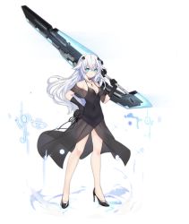 Rule 34 | &gt;:), 1girl, azur lane, black choker, black dress, black flower, black footwear, black gloves, black heart (neptunia), black rose, blue eyes, breasts, choker, cleavage, crossed bangs, dress, flower, full body, gloves, hair flaps, hair ornament, hand on own hip, high heels, highres, jewelry, legs apart, long hair, medium breasts, necklace, neptune (series), noire (neptunia), official art, over shoulder, power symbol, rose, see-through, solo, standing, symbol-shaped pupils, transparent background, tsunako, weapon, weapon over shoulder, white hair