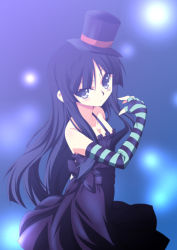 Rule 34 | 1girl, akiyama mio, bare shoulders, black eyes, black hair, bow, breasts, cleavage, don&#039;t say &quot;lazy&quot;, dress, fingerless gloves, gloves, hat, k-on!, ka2, long hair, mini hat, mini top hat, solo, stage lights, top hat