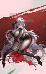 Rule 34 | 1girl, absurdres, black bodysuit, black skirt, bodysuit, breasts, cleavage, closed mouth, gauntlets, goddess of victory: nikke, grey hair, halo, high heels, highres, holding, holding sword, holding weapon, katana, large breasts, leaning forward, long hair, red eyes, rose (nikke), skirt, solo, sword, toes, weapon, yuen, zoom layer