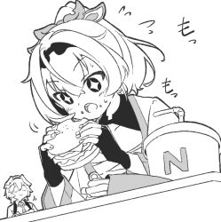 Rule 34 | 2girls, burger, closed eyes, cup, disposable cup, eating, fingerless gloves, food, french fries, gloves, greyscale, hairband, haori, head wings, hololive, japanese clothes, kamochomedesu, kazama iroha, monochrome, multiple girls, nodding, ponytail, smile, sparkling eyes, takane lui, virtual youtuber, wings