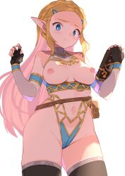 Rule 34 | 1girl, alternate costume, bare hips, bare shoulders, blonde hair, blue eyes, blush, braid, breasts, closed mouth, collarbone, covered erect nipples, covered navel, cowboy shot, crown braid, detached sleeves, fingerless gloves, forehead, from below, gloves, hands up, high collar, highleg, highres, long hair, looking at viewer, medium breasts, nintendo, nipples, pointy ears, princess zelda, sidelocks, simple background, spring2013, the legend of zelda, the legend of zelda: breath of the wild, thighhighs