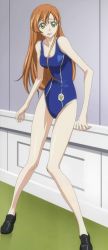 Rule 34 | 00s, 1girl, blue one-piece swimsuit, breasts, cleavage, code geass, embarrassed, female focus, full body, green eyes, highleg, highres, indoors, legs, long hair, long image, one-piece swimsuit, red hair, screencap, shirley fenette, solo, surprised, swimsuit, tall image