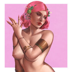 Rule 34 | 1girl, absurdres, aphrodite (hades), bikini, breasts, chandeloor, commentary, english commentary, fingernails, gold armlet, gold bikini, hades (series), hades 1, hair ornament, hand up, head tilt, highres, laurel crown, long fingernails, looking at viewer, medium breasts, nipples, parted hair, parted lips, pink eyes, pink hair, pink nails, red lips, sharp fingernails, short hair, solo, swimsuit, upper body