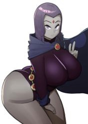 Rule 34 | 1girl, absurdres, alternate breast size, ass, breasts, cape, dc comics, doublehero, expressionless, highres, large breasts, leotard, rachel roth, raven (dc), solo, teen titans, thick thighs, thighs, v
