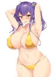 Rule 34 | 1girl, ahoge, armpits, arms behind head, arms up, artist name, azur lane, bikini, blue hair, blush, breasts, breath, cameltoe, cleavage, collarbone, cowboy shot, curvy, feet out of frame, gluteal fold, hair ornament, half-closed eyes, highleg, highleg bikini, highres, huge breasts, kuavera, large breasts, lips, long hair, looking at viewer, multi-strapped bikini bottom, navel, o-ring, o-ring bikini, o-ring bottom, o-ring top, official alternate costume, open mouth, orange eyes, pola (azur lane), pola (seaside coincidence) (azur lane), signature, simple background, skindentation, smile, solo, standing, stomach, string bikini, sweat, swimsuit, twintails, white background, yellow bikini