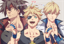 Rule 34 | 3boys, black tank top, blonde hair, blue eyes, blue gloves, brown hair, eyepatch, father and son, gloves, guilty gear, guilty gear strive, headband, ky kiske, long hair, looking at another, male focus, multiple boys, one eye closed, one eye covered, open mouth, partially fingerless gloves, red headband, short hair, sin kiske, smile, sol badguy, talgi, tank top, translation request, upper body, wristband