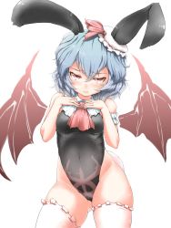 Rule 34 | 1girl, adapted costume, animal ears, ascot, bat wings, black leotard, blue hair, collar, hat, highleg, highleg leotard, highres, leotard, mob cap, playboy bunny, rabbit ears, rabbit tail, red ascot, red eyes, remilia scarlet, short hair, solo, tail, thighhighs, tomako (tatihitoe), touhou, wings