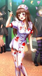 Rule 34 | 3girls, :d, blood, blood from mouth, blood on clothes, blush, breasts, brown hair, cleavage, collarbone, day, doukyuusei another world, dress, game cg, garter straps, halloween costume, hat, holding, holding knife, kakyuusei, knife, long hair, medium breasts, multiple girls, nurse, nurse cap, open mouth, outdoors, red eyes, short dress, smile, solo focus, sparkle, thighhighs, torn clothes, torn dress, torn thighhighs, white dress, white thighhighs, yuuki mizuho, zombie