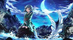 Rule 34 | 1girl, arm support, blue eyes, blue hair, blue theme, blurry, cloud, crescent moon, depth of field, fins, green eyes, head fins, highres, in water, japanese clothes, long sleeves, looking at viewer, matching hair/eyes, mermaid, monster girl, moon, moonlight, mountain, nature, night, night sky, obi, revision, risutaru, river, sash, short hair, sky, smile, solo, stone, touhou, wakasagihime, water, water drop, wide sleeves
