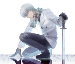 Rule 34 | 1boy, alternate costume, artist name, atlus, bad id, bad pixiv id, black gloves, blue eyes, buttons, coat, gloves, katana, looking at viewer, male focus, narukami yuu, on one knee, persona, persona 4, profile, reflection, robinexile, scarf, short hair, signature, silver hair, solo, sword, weapon, white background