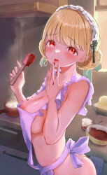 Rule 34 | 1girl, absurdres, apron, ass, baking, blonde hair, blush, braid, breasts, chocolate, cooking, food on body, food on breasts, frilled apron, frills, highres, indoors, kogara toto, large breasts, licking, licking finger, long hair, looking at viewer, maid headdress, naikon, naked apron, open mouth, red eyes, sideboob, solo, tongue, tongue out, valentine, virtual youtuber, vspo!, white apron