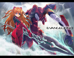 Rule 34 | 10s, 1girl, aura, blue eyes, bodysuit, boyaking, bracer, closed mouth, copyright name, eva 02, evangelion: 3.0 you can (not) redo, eyepatch, foreshortening, from behind, from below, from side, gem, gloves, glowing, hair between eyes, hair ornament, headgear, holding, holding weapon, lance of longinus (evangelion), letterboxed, light smile, long hair, mecha, neon genesis evangelion, orange hair, outstretched arm, parted bangs, pilot suit, plugsuit, polearm, rebuild of evangelion, robot, smile, souryuu asuka langley, spear, standing, tape, turtleneck, very long hair, weapon