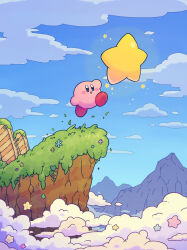 Rule 34 | :d, arm up, blue eyes, blue sky, blush, blush stickers, cliff, cloud, commentary request, day, flower, grass, harukui, highres, jumping, kirby, kirby (series), mountain, nintendo, no humans, open mouth, outdoors, sky, smile, solo, star (symbol), warp star