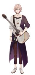 Rule 34 | 1boy, acoustic guitar, black choker, black pants, bracelet, brown hair, choker, closed mouth, full body, fuyuomi, green eyes, guitar, hair between eyes, holostars, instrument, jewelry, male focus, necklace, official art, pants, rikka (holostars), ring, shirt, solo, standing, straight-on, sweater, transparent background, virtual youtuber, white background, white footwear, white shirt