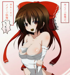 Rule 34 | 1girl, between breasts, bow, breasts, brown eyes, brown hair, detached sleeves, dr. cryptoso, female focus, hair bow, hakurei reimu, highres, japanese clothes, large breasts, long hair, miko, money, tucked money, mouth hold, navel, sarashi, smile, solo, touhou, translation request