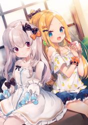 Rule 34 | abigail williams (fate), alternate costume, ana (rznuscrf), bags under eyes, blouse, bow, bubble tea, casual, detached sleeves, dress, earrings, fate/grand order, fate (series), forehead, hair bow, highres, horns, jewelry, lavinia whateley (fate), long hair, multiple hair bows, orange bow, pale skin, parted bangs, polka dot, polka dot bow, shirt, short shorts, shorts, single horn, sitting, very long hair, white dress, white shirt
