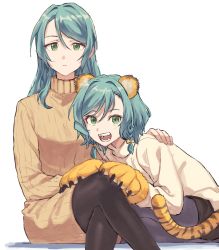 Rule 34 | 2girls, :d, akni, animal ears, animal hands, aqua hair, bang dream!, black legwear, black shorts, bow, braid, brown sweater, closed mouth, commentary request, crossed legs, dress, fangs, feet out of frame, gloves, green eyes, hair between eyes, hair bow, hand on another&#039;s leg, hand on another&#039;s shoulder, hand on another&#039;s thigh, hand up, hikawa hina, hikawa sayo, invisible chair, korean commentary, leaning forward, long hair, long sleeves, looking at viewer, multiple girls, open mouth, pantyhose, paw gloves, ribbed sweater, seiza, short hair, short shorts, shorts, siblings, side braids, simple background, sisters, sitting, smile, sweater, sweater dress, swept bangs, tail, teeth, tiger ears, tiger paws, tiger tail, turtleneck, turtleneck sweater, twin braids, twins, white background, white sweater, yellow bow