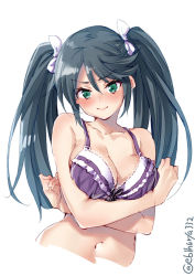 Rule 34 | 1girl, bare arms, blush, bra, breast hold, breasts, cleavage, collarbone, cropped torso, crossed arms, ebifurya, frilled bra, frills, frown, green eyes, grey hair, hair between eyes, hair ribbon, highres, isuzu (kancolle), kantai collection, large breasts, long hair, looking at viewer, navel, purple bra, ribbon, simple background, solo, stomach, twintails, underwear, underwear only, upper body, v-shaped eyebrows, white background