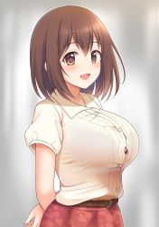 Rule 34 | 1girl, :d, absurdres, aged down, arms behind back, belt, belt buckle, black bra, blush, bra, bra peek, breasts, brown eyes, brown hair, buckle, button gap, collared shirt, commentary request, floral print, grey background, highres, large breasts, looking at viewer, open mouth, princess connect!, shirt, short hair, short sleeves, smile, solo, underwear, upper body, white shirt, yue (show-ei), yui (princess connect!), yui (real) (princess connect!)