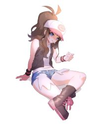 Rule 34 | 1girl, ankea (a-ramo-do), bare shoulders, baseball cap, black footwear, black socks, black vest, blue eyes, blue shorts, boots, breasts, brown hair, creatures (company), crossed legs, female focus, game freak, hand up, happy, hat, highres, hilda (pokemon), long hair, looking at viewer, nintendo, open mouth, pink hat, poke ball symbol, poke ball theme, pokemon, pokemon bw, ponytail, shirt, short shorts, shorts, simple background, sitting, sleeveless, sleeveless shirt, small breasts, smile, socks, solo, vest, white background, white shirt, wristband