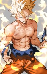 Rule 34 | 1boy, abs, absurdres, blonde hair, clenched hands, commentary request, cowboy shot, dougi, dragon ball, dragonball z, green eyes, grin, highres, legs apart, looking at viewer, male focus, muscular, muscular male, navel, parted lips, pectorals, serious, topless male, smile, solo, son goku, spiked hair, super saiyan, super saiyan 2, torn clothes, veins, wristband, yoshio (55level)