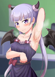 Rule 34 | 1girl, arm behind head, armpits, blue dress, blunt bangs, blush, breast hold, breasts, can (canzume), covered erect nipples, cum, cum on body, cum on hair, cum on upper body, demon horns, demon wings, dress, heart, highres, horns, long hair, looking at viewer, new game!, purple eyes, purple hair, small breasts, smile, solo, strap slip, suzukaze aoba, twintails, very long hair, wince, wings