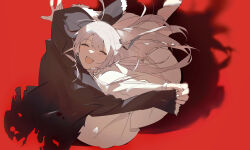 Rule 34 | 1girl, absurdres, adipocere (vocaloid), barefoot, black coat, closed eyes, coat, commentary request, dancing, dress, facing up, facing viewer, floating hair, from above, fur-trimmed coat, fur trim, grey ribbon, hair ribbon, highres, holding, holding clothes, hood, hooded coat, long hair, long sleeves, open mouth, red background, ribbon, shadow, shiroi taka, smile, solo, standing, standing on one leg, white dress