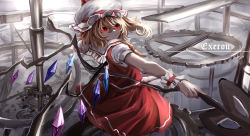 Rule 34 | 1girl, absurdres, arms up, artist name, back, blonde hair, chinese commentary, closed mouth, collared shirt, commentary request, crystal, flandre scarlet, frills, from behind, gears, grey hat, grey shirt, hair between eyes, hands up, hat, hat ribbon, highres, holding, holding weapon, jewelry, laevatein (touhou), looking at viewer, looking back, mob cap, multicolored wings, one-piece swimsuit, polearm, puffy short sleeves, puffy sleeves, red eyes, red ribbon, red skirt, red vest, ribbon, shirt, short hair, short sleeves, skirt, skirt set, solo, spear, standing, swimsuit, top-exerou, touhou, vest, weapon, wings, wrist cuffs