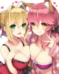 Rule 34 | 2girls, :d, :q, bad id, bad pixiv id, blonde hair, breast press, breasts, cleavage, collarbone, fate (series), fox tail, from above, green eyes, hair intakes, jewelry, large breasts, long hair, looking at viewer, looking up, multiple girls, necklace, nero claudius (fate), nero claudius (fate) (all), nero claudius (fate/extra), official alternate costume, open mouth, pink hair, smile, symmetrical docking, tail, tamamo (fate), tamamo no mae (fate/extra), tamamo no mae (spring casual) (fate), tongue, tongue out, yellow eyes, yuzu-aki