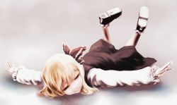 Rule 34 | 1girl, bad id, bad pixiv id, black footwear, black skirt, blonde hair, closed eyes, feet up, full body, fuonon, grey background, hair ribbon, long sleeves, lying, on stomach, outstretched arms, red ribbon, reflection, ribbon, rumia, shoe soles, shoes, skirt, skirt set, smile, solo, touhou