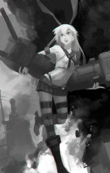 Rule 34 | 10s, 1girl, blonde hair, doyora, explosion, female focus, greyscale, kantai collection, long hair, monochrome, open mouth, rensouhou-chan, shimakaze (kancolle), solo, striped clothes, striped thighhighs, thighhighs