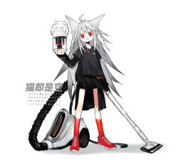Rule 34 | 1girl, :o, abysmal, antenna hair, black shirt, black skirt, character request, commentary request, fang, full body, grey hair, hand up, head tilt, holding, holding vacuum cleaner, kneehighs, kokaki mumose, layered sleeves, light blush, long hair, long sleeves, looking at viewer, moneko (null-meta), open mouth, pointy ears, red eyes, red footwear, red socks, shirt, shoes, short over long sleeves, short sleeves, simple background, skin fang, skirt, sneakers, socks, solo, translation request, vacuum cleaner, very long hair, white background