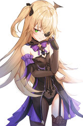 Rule 34 | 1girl, absurdres, asymmetrical legwear, black pantyhose, black thighhighs, blonde hair, closed mouth, eyepatch, fischl (genshin impact), garter straps, genshin impact, green eyes, highres, long hair, looking at viewer, pantyhose, resolution mismatch, simple background, smile, solo, source smaller, thighhighs, tmtl aos, two side up, uneven legwear, white background