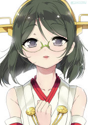 Rule 34 | 10s, 1girl, :d, black eyes, black hair, close-up, detached sleeves, glasses, hairband, kantai collection, kirishima (kancolle), looking at viewer, naitou ryuu, nontraditional miko, open mouth, short hair, smile, solo
