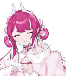 Rule 34 | 1girl, chinese clothes, cleavage cutout, closed eyes, clothing cutout, dragon girl, dragon horns, fur trim, highres, horns, indie virtual youtuber, jacket, long hair, low twintails, natsuiro xx, pink jacket, pinky (vtuber), sleeves past wrists, thick eyebrows, twintails, virtual youtuber, white background