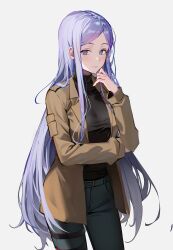 Rule 34 | 1girl, 86 -eightysix-, a (sofi3103), absurdres, anju emma, belt, belt buckle, black sweater, blush, brown jacket, buckle, closed mouth, commentary request, highres, jacket, light purple hair, long hair, long sleeves, looking at viewer, open clothes, open jacket, pants, purple eyes, simple background, smile, solo, sweater, turtleneck, turtleneck sweater, very long hair, white background
