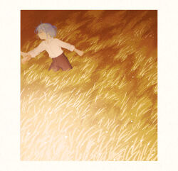 Rule 34 | 1boy, 1other, black pants, blue hair, border, character request, closed mouth, collared shirt, copyright request, grabbing another&#039;s hand, hair bun, highres, holding hands, jitome, light particles, long sleeves, orange theme, pants, profile, shirt, short hair, wheat, wheat field, white border, white shirt, yakete tubureta