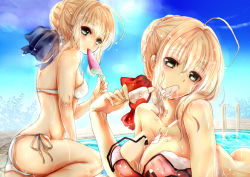 10s ahoge alternate_costume artoria_pendragon_(all) artoria_pendragon_(fate) ass bikini blonde_hair fate/extra fate/stay_night fate_(series) food green_eyes hair_bun multiple_girls nero_claudius_(fate) nero_claudius_(fate)_(all) nero_claudius_(fate/extra) pool popsicle ribbon saber_(fate) single_hair_bun sweat swimsuit water watermelon_bar yuki_hikari