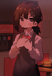 Rule 34 | 1girl, absurdres, apron, black eyes, black hair, black pants, blush, bow, bowtie, burger, chainsaw man, collared shirt, crying, drinking fountain, food, hair ornament, hairpin, hand over heart, hands on own chest, higashiyama kobeni, highres, indoors, ix, long sleeves, looking at viewer, own hands together, pants, red bow, red bowtie, restaurant, shirt, shirt tucked in, short hair, soda, solo, tears, waitress, white shirt