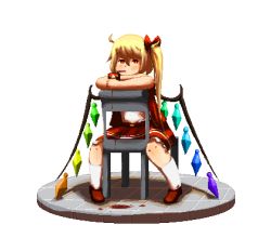Rule 34 | bare arms, blonde hair, bow, brown footwear, chair, drinking, drinking straw, flandre scarlet, full body, hair bow, head rest, kneehighs, kunochai, looking at viewer, miniskirt, pixel art, red bow, red eyes, red skirt, shoes, side ponytail, simple background, sitting, sitting backwards, skirt, socks, solo, touhou, transparent background, white background, white socks, wings