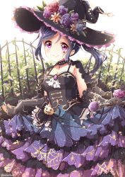 Rule 34 | 10s, 1girl, ascot, blue hair, breasts, cape, choker, cleavage, commentary request, dress, elbow gloves, facial mark, fence, flower, gloves, halloween, hat, hat flower, heart, jack-o&#039;-lantern, layered dress, love live!, love live! school idol festival, love live! sunshine!!, matsuura kanan, medium breasts, niwasane (saneatsu03), plant, ponytail, purple eyes, skirt hold, smile, solo, spider web print, striped clothes, striped gloves, twitter username, vertical-striped clothes, vertical-striped gloves, vines, wand, witch, witch hat