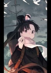 Rule 34 | 1girl, 8ne (nitika127), ayanami (kancolle), belt, bird, black neckerchief, black sailor collar, black serafuku, black skirt, brown hair, cloud, cloudy sky, commentary request, fairy (kancolle), food, holding, holding food, kantai collection, long hair, looking to the side, mini person, minigirl, neckerchief, onigiri, parted bangs, remodel (kantai collection), rigging, sailor collar, scarf, school uniform, serafuku, side ponytail, skirt, sky, smokestack, white scarf